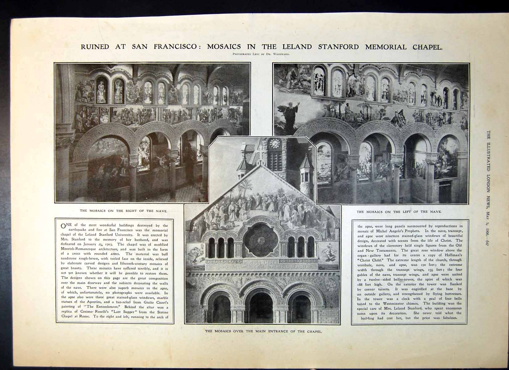 Antique Print Destroyed San Francisco Mosaics Leleand Memorial Chapel 1906 20th