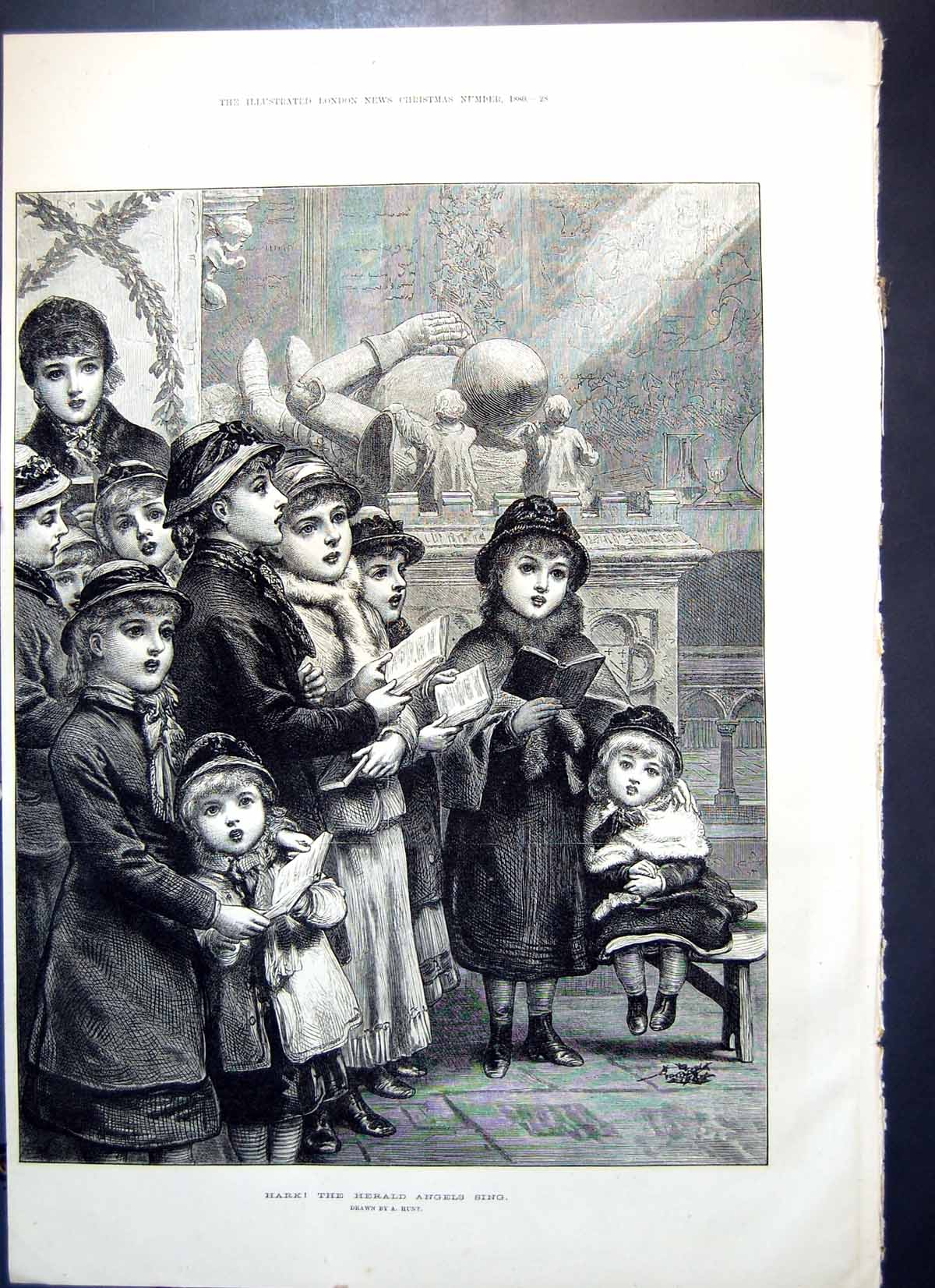 Antique Old Print Hark Herald Angels Sing Children Singing Carols A Hunt 1880