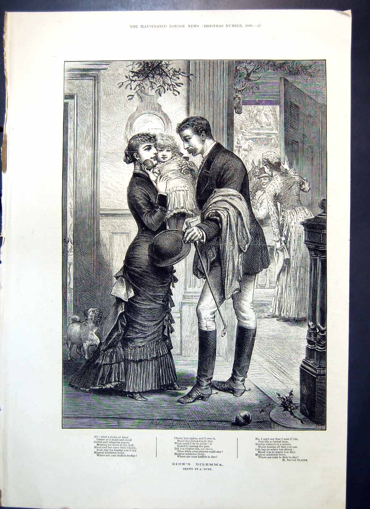 Original Old Antique Print Dicks Dilemma A Hunt Gentleman Lady Hing Child 1880