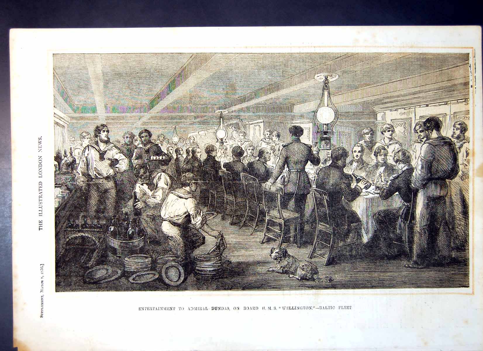 Antique Old Print Entertainment Admiral Dundas Onboard Hms Wellington 1856 19th