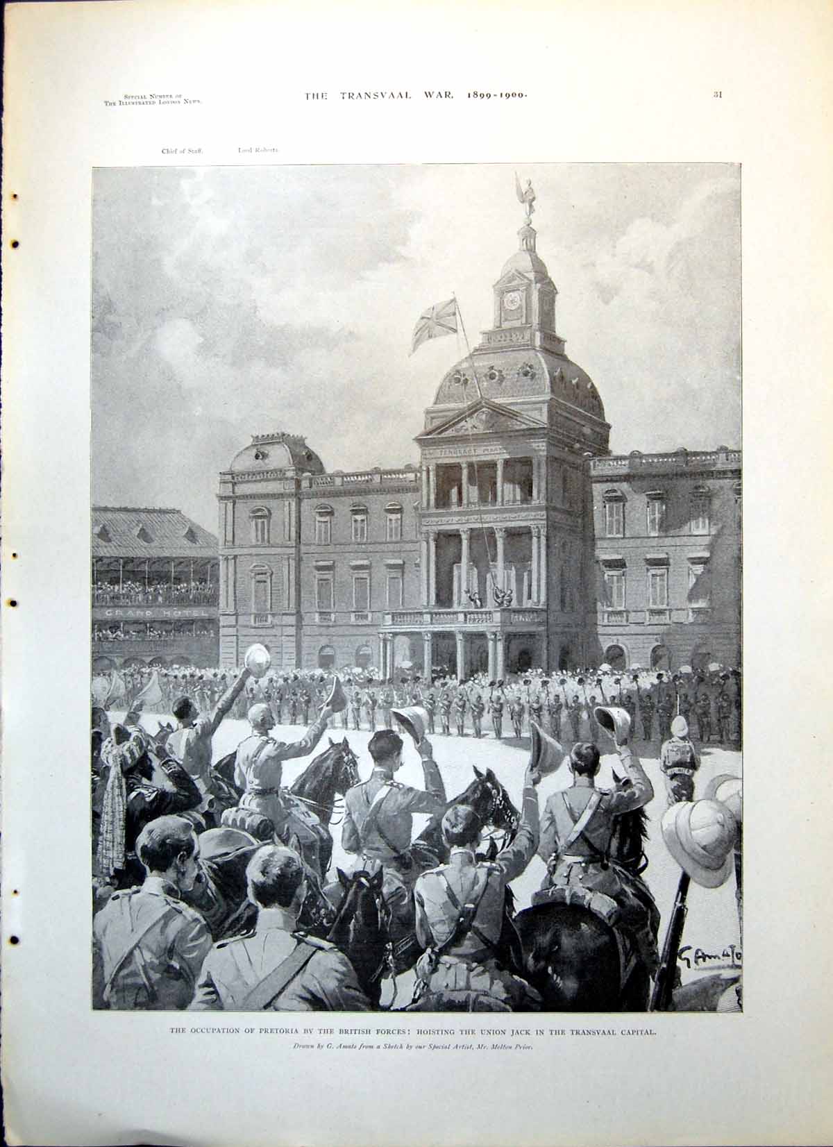 Antique Old Print Occupation Pretoria British Forces Hoisting Union Jack 1899