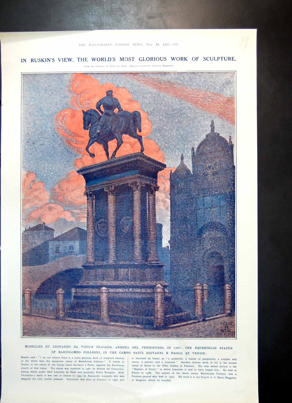 Antique Print Equestrian Statue Bartolomeo Colleoni Santi Giovanni Rome1923
