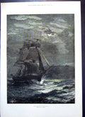 Original Old Antique Print Homeward Bound Jr Wells Ship Sea Lighthouse 1881