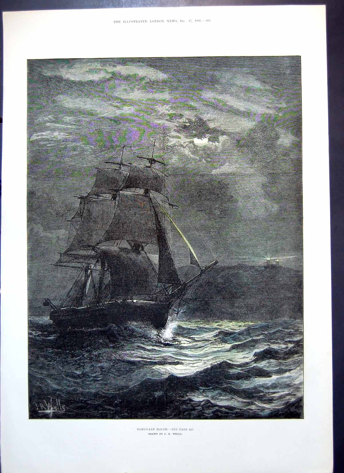 Original Old Antique Print Homeward Bound Jr Wells Ship Sea Lighthouse 1881