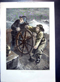 Antique Old Print Steering Home Horace Petherick Fishermen Wheel Boat 1876 19th
