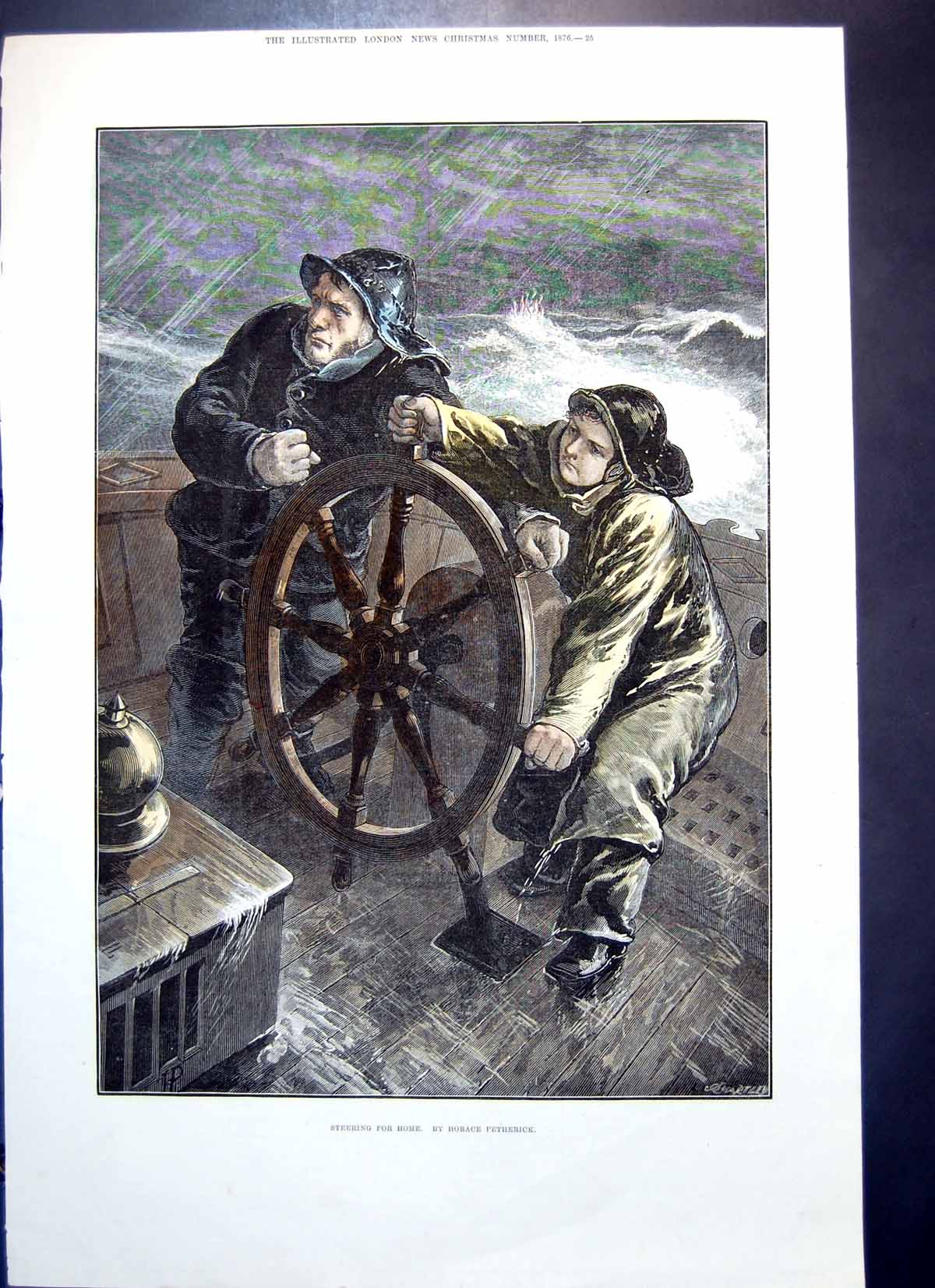 Antique Old Print Steering Home Horace Petherick Fishermen Wheel Boat 1876 19th