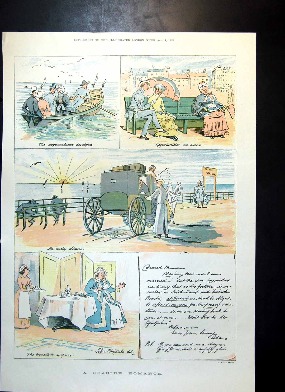 Old Print Seaside Romance Girl Gent Disappear Carriage Request Money1883 19th