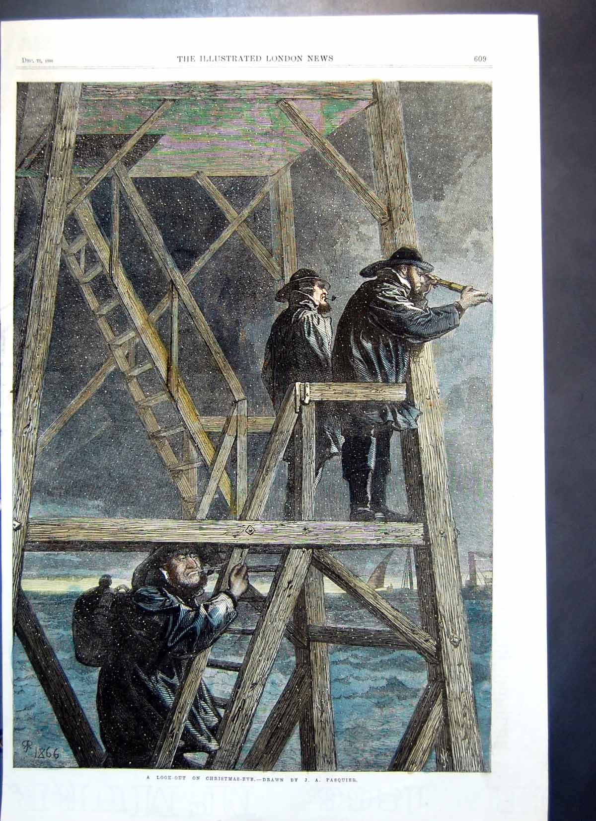 Antique Old Print Look Out Christmas Eve Fishermen Telescope Look Sea 1866 19th