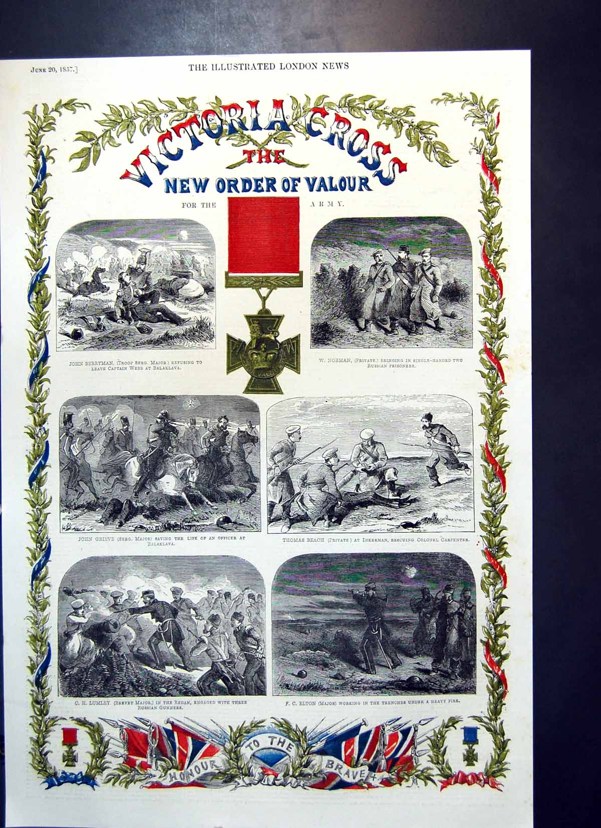 Antique Old Print Victoria Cross Order Valour John Berryman John Grieve 1857