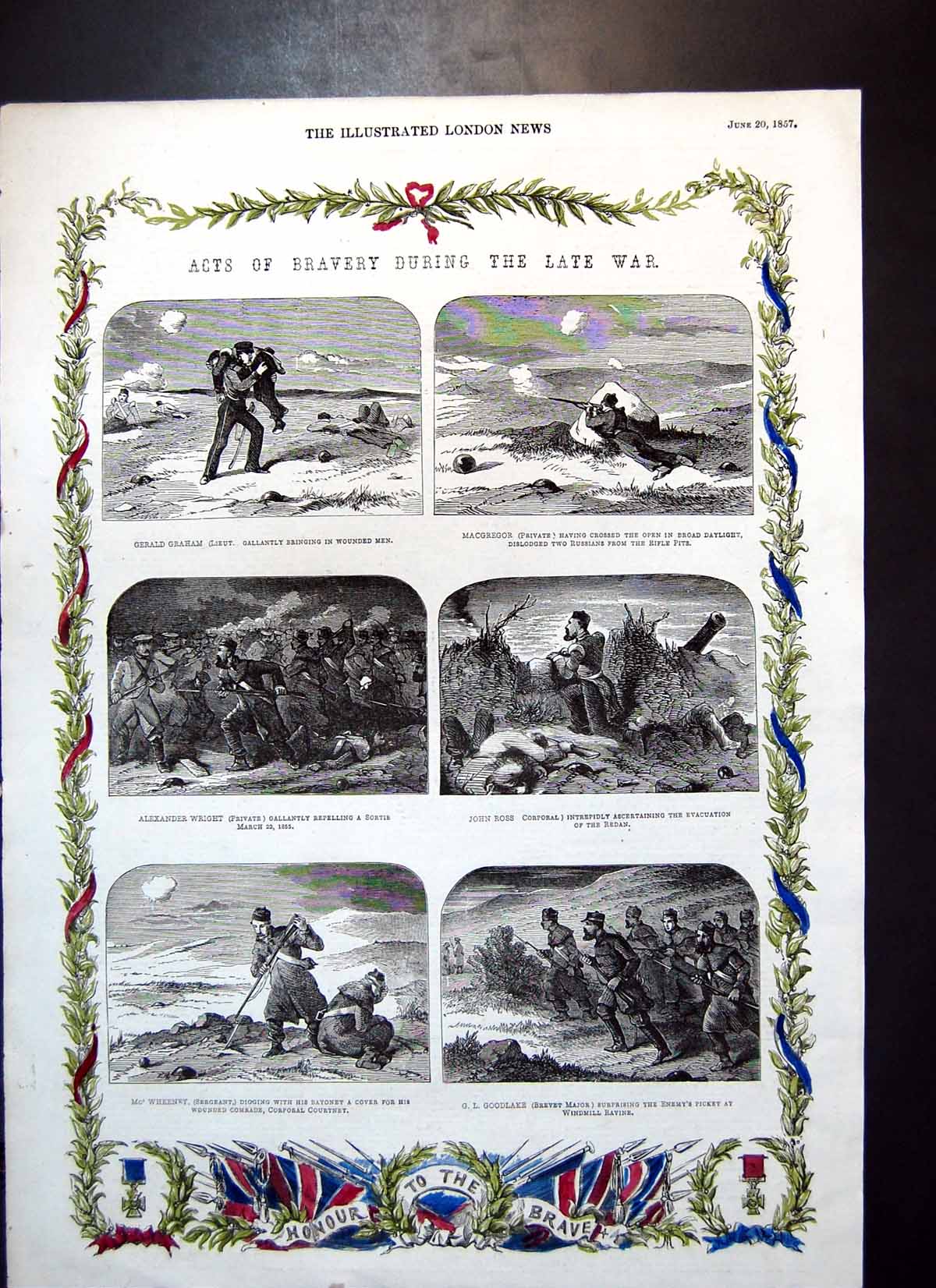 Antique Old Print Acts Bravery War Gerald Graham Alexander Wright J Ross 1857