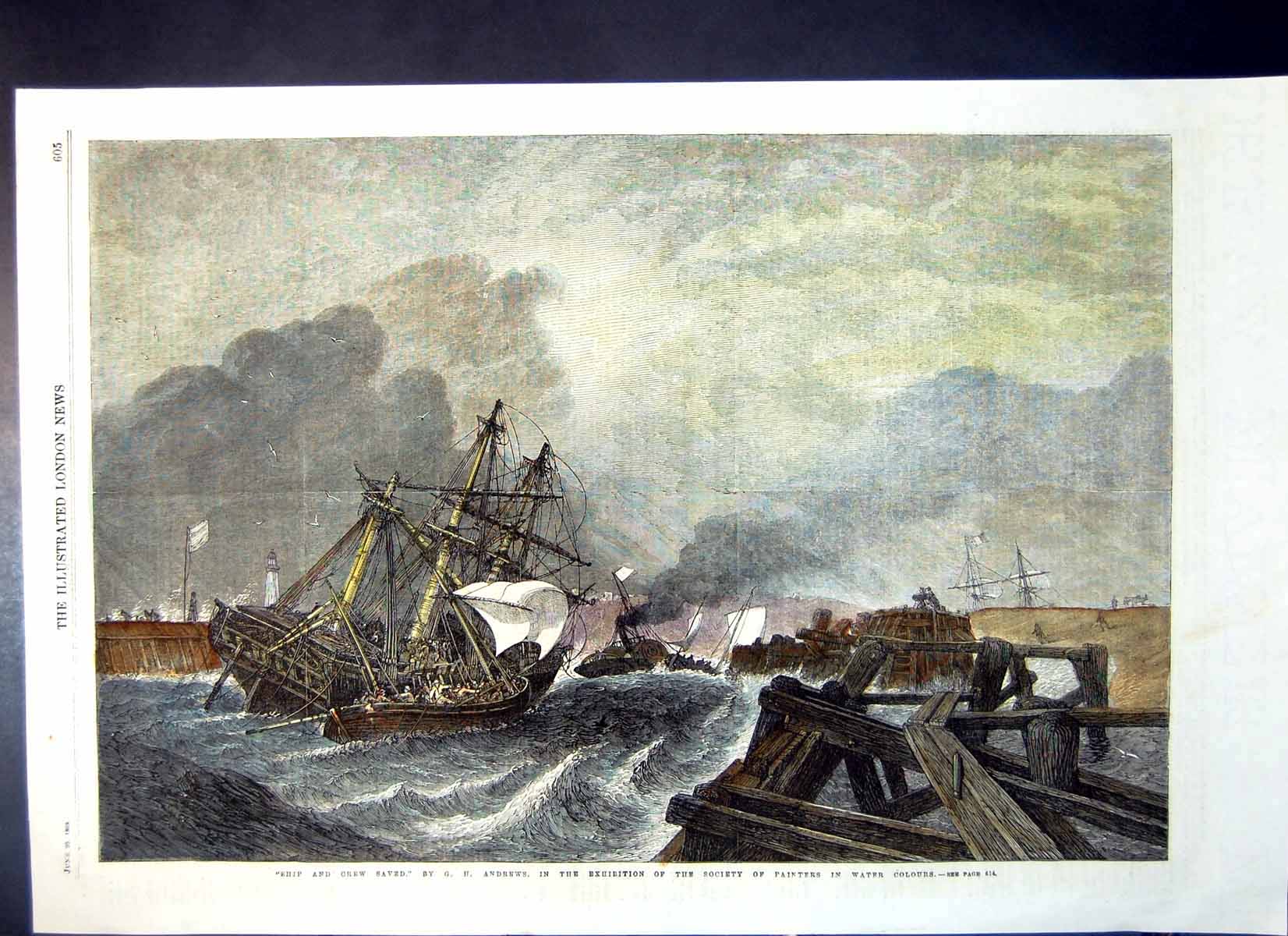 Antique Old Print Ship Crew Saved Gh Andrews Storm Rescued Small Boat 1868 19th