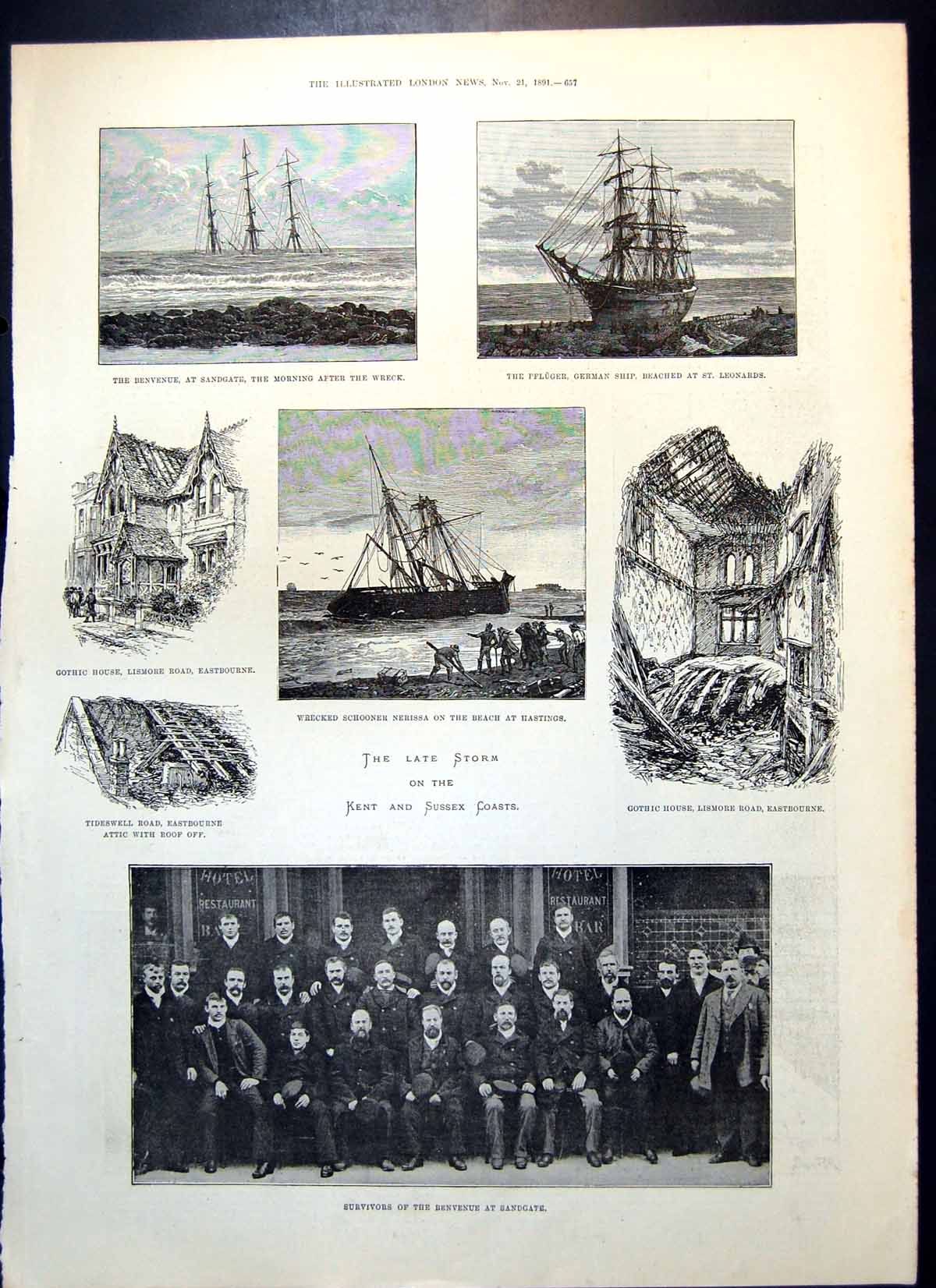 Antique Print Storm Kent Essex Coasts Senor Sarasate House Folkestone 1891 19th