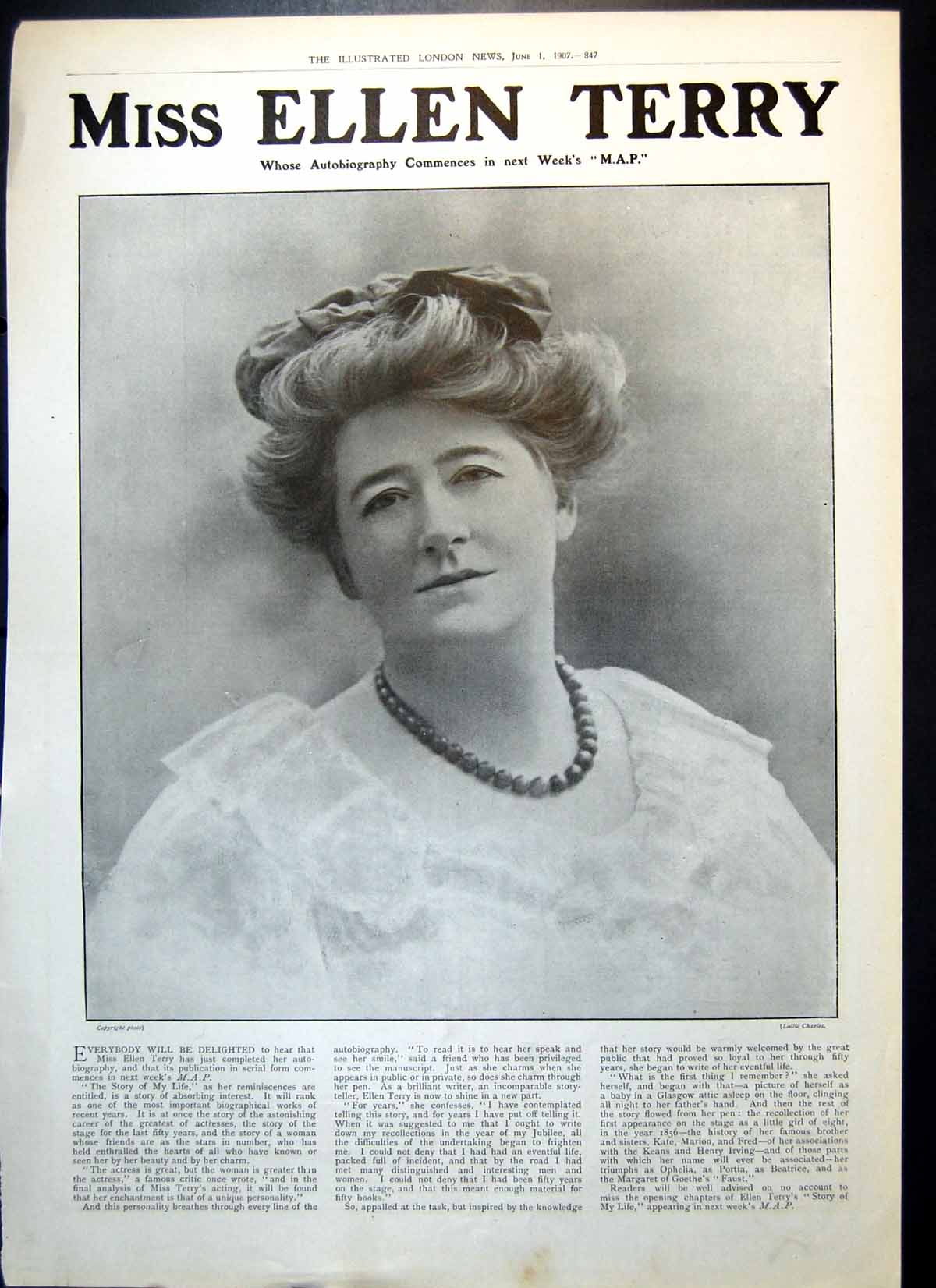 Antique Old Print Miss Ellen Terry Summer Gown Elkington Plate Cutlery 1907