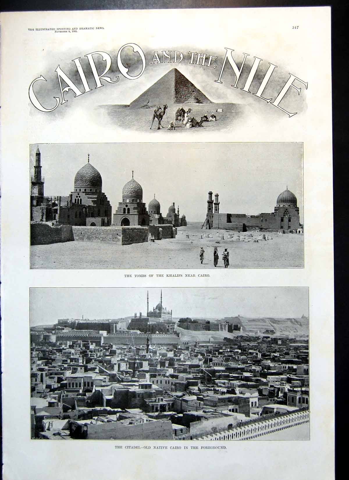 Old Antique Print Cairo Nile Citadel Tombs Khalifs Mosque El Azhar 1901 20th