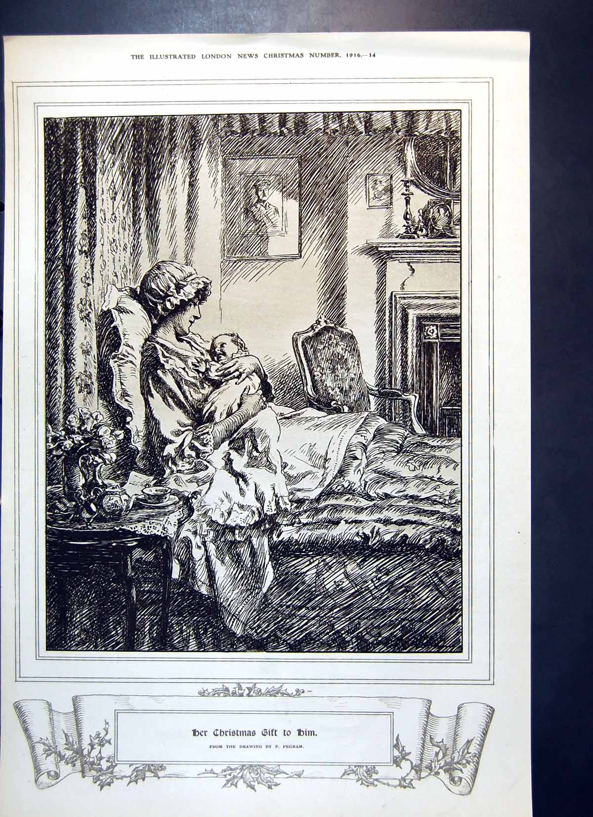 Antique Old Print Christmas Gift Him Mother Baby Christmas Ward Nurse 1916 20th