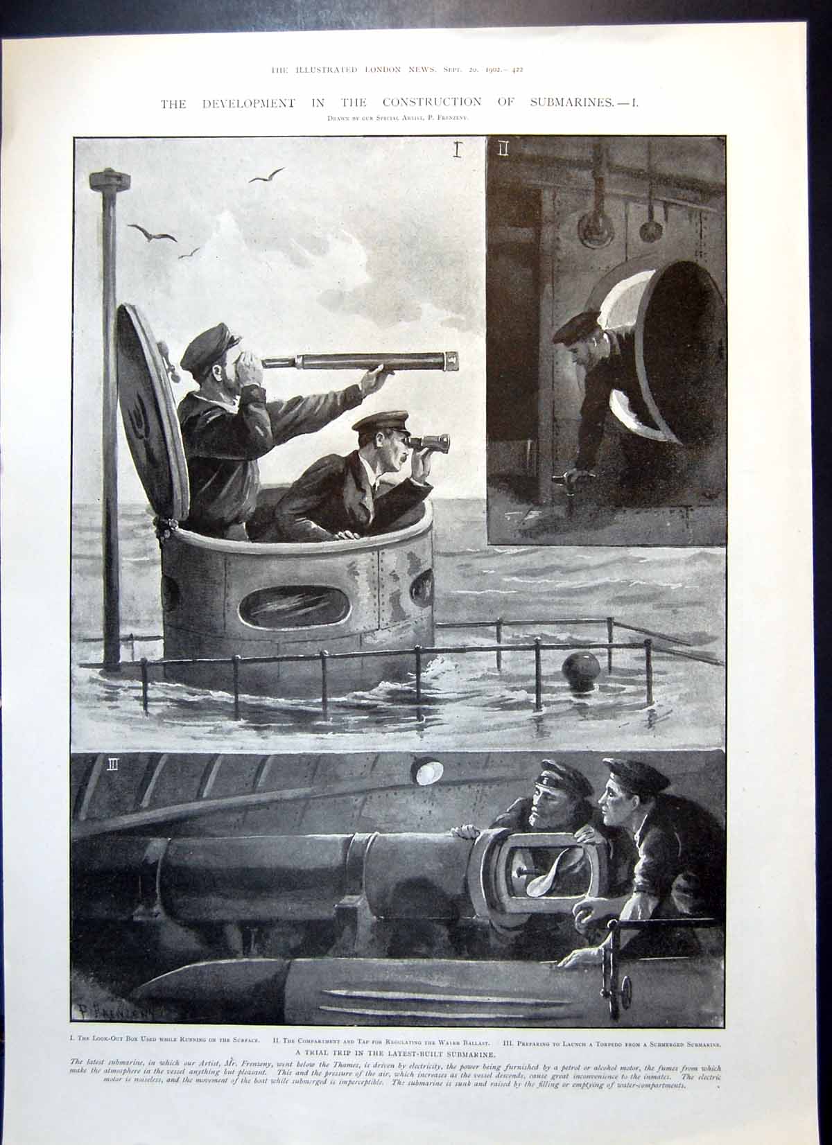 Old Antique Print Trial Trip Latest Submarine Men Books Killed Wife 1902 20th