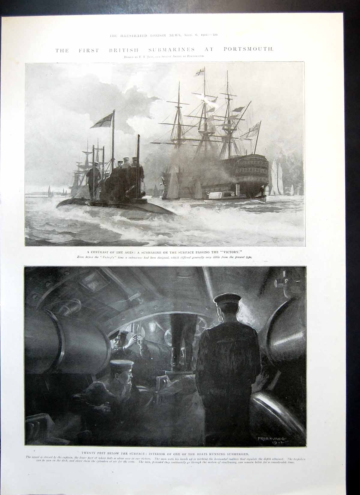 Antique Print First British Submarines Portsmouth Royal Visit Isle Man 1902