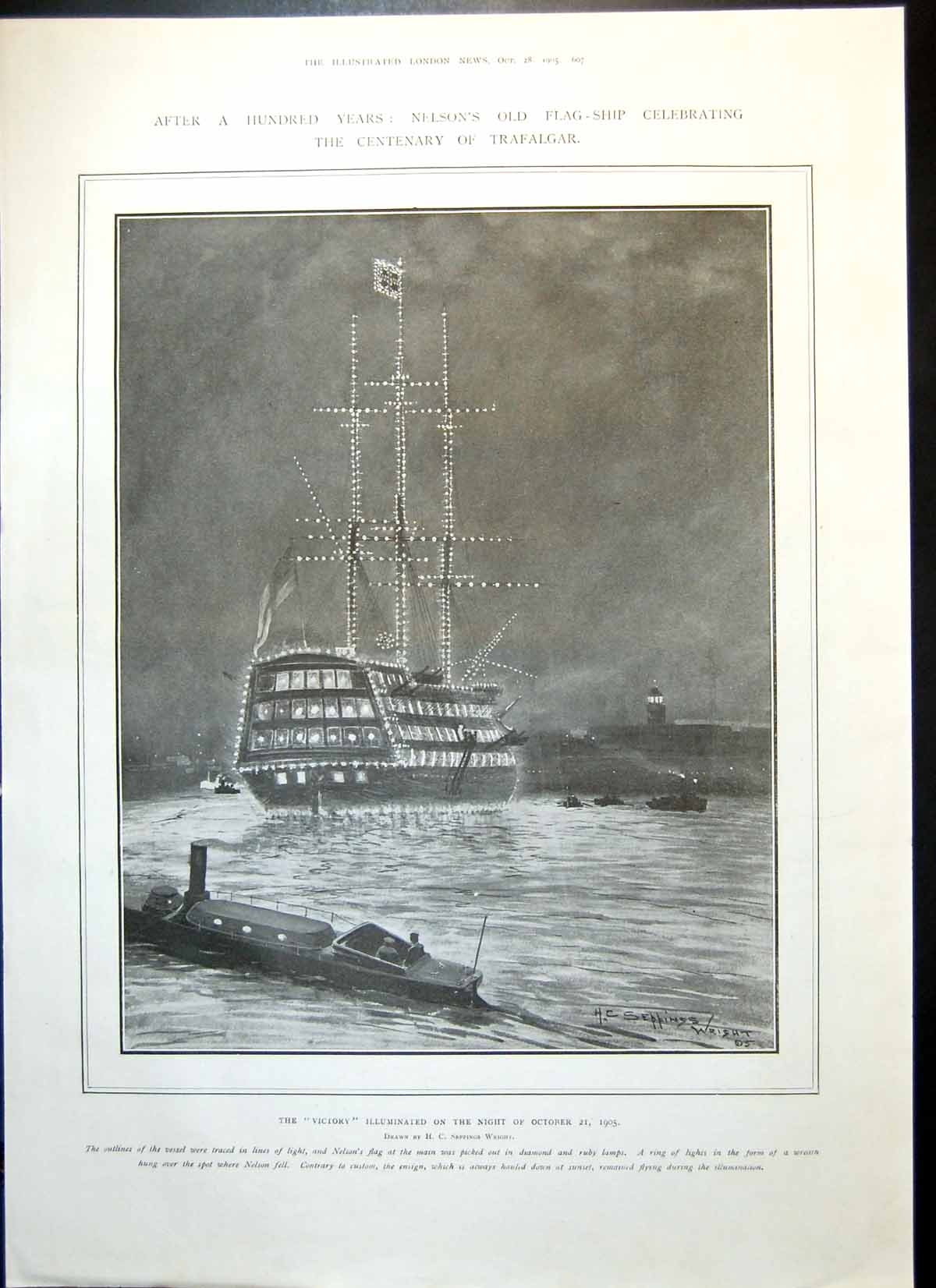 Old Antique Print Centenary Trafalgar Victory Charles Gibson Sketch 1905 20th