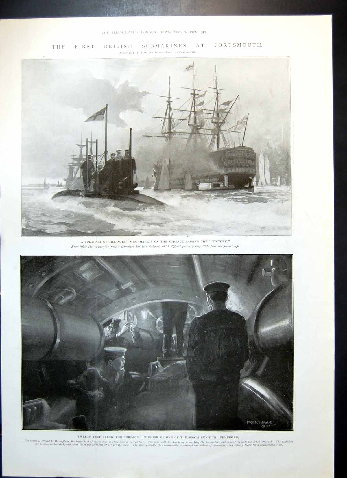 Antique Old Print Interior Submarine Submerged French Field Artillery 1902 20th