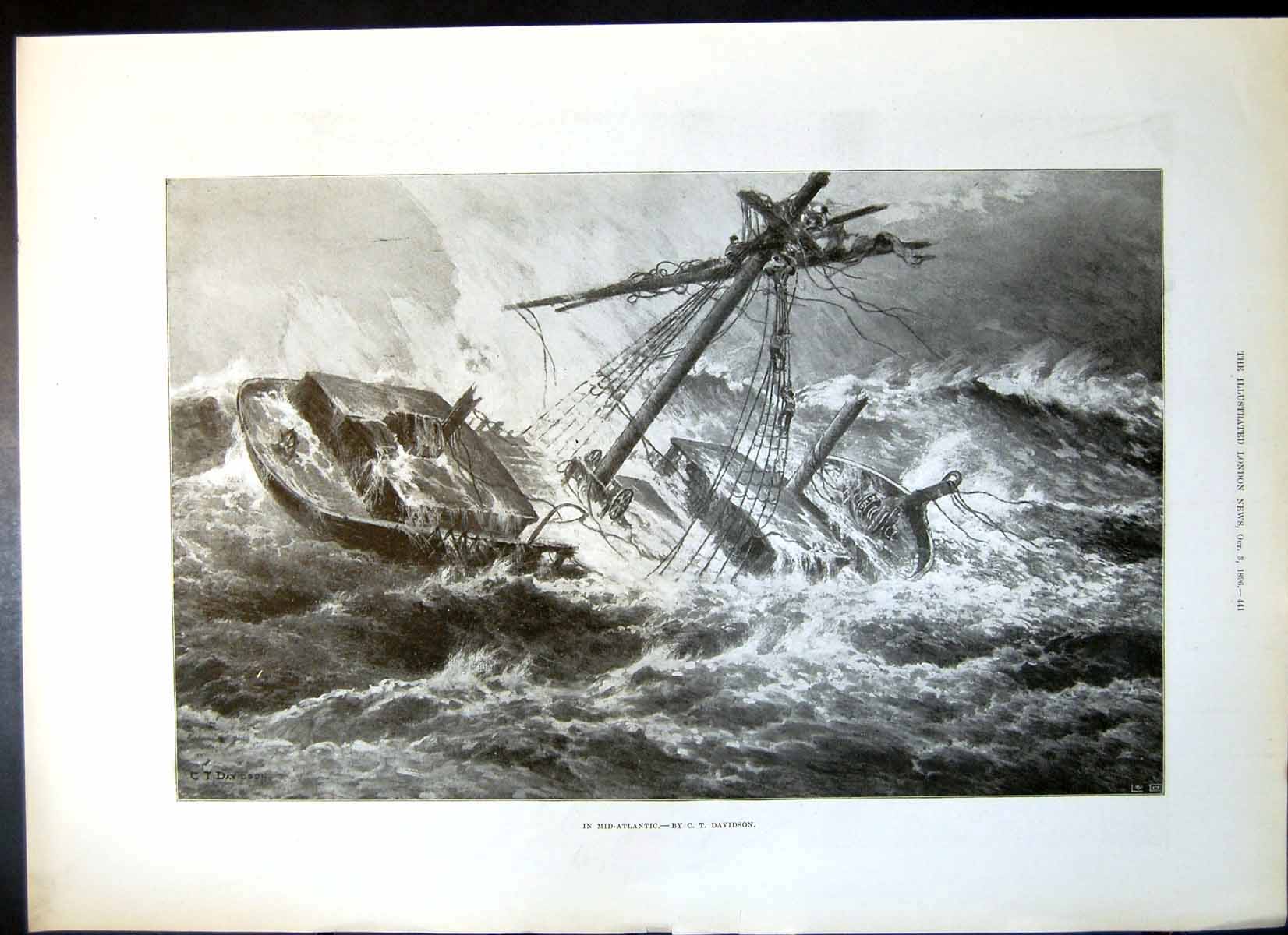 Antique Old Print Boat Overcome Mid Atlantic Autumn Frock Velvet Cloak 1896