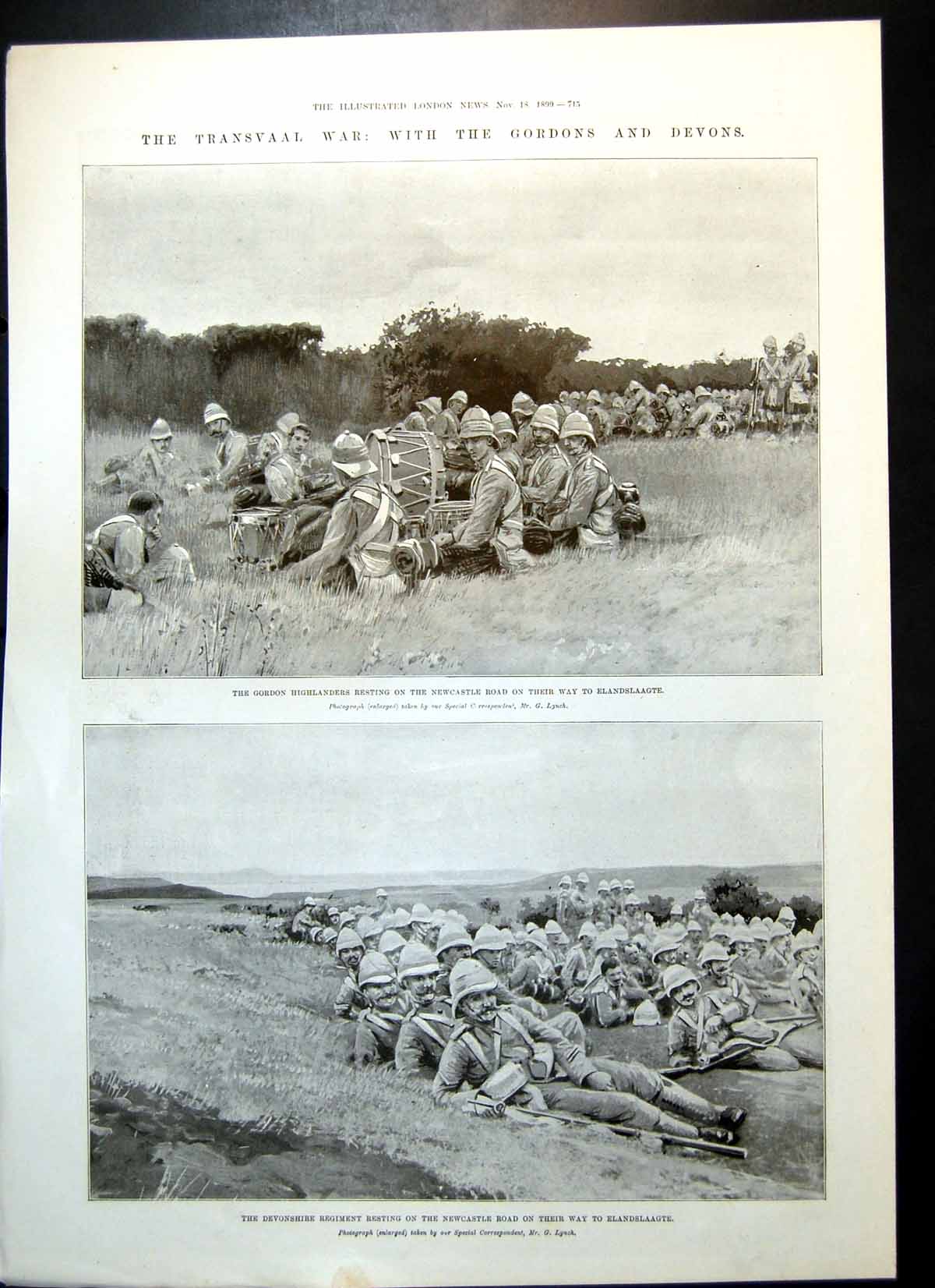 Antique Old Print Transvaal War Gordons Devons Way Elandslaagte Joubert 1899