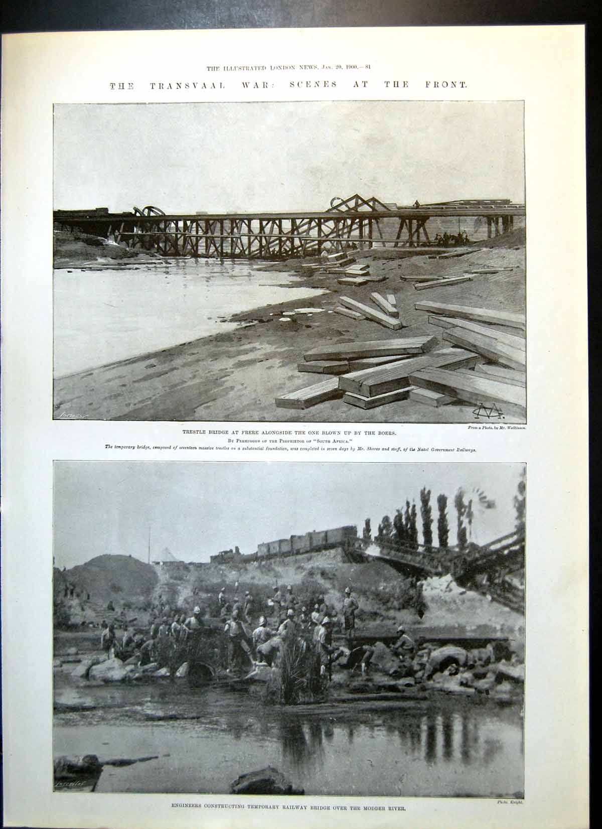 Antique Print Transvaal War Trestle Bridge Modder River Tugela Colenso 1900