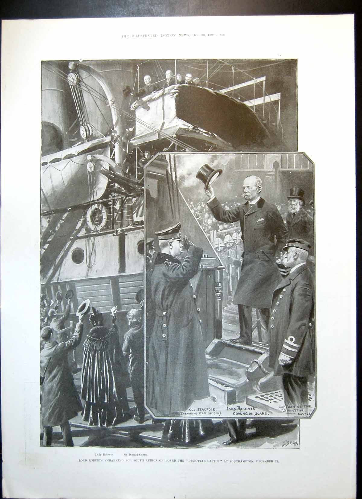 Antique Old Print Lord Roberts Dunottar Castle South Africa Black Watch 1899