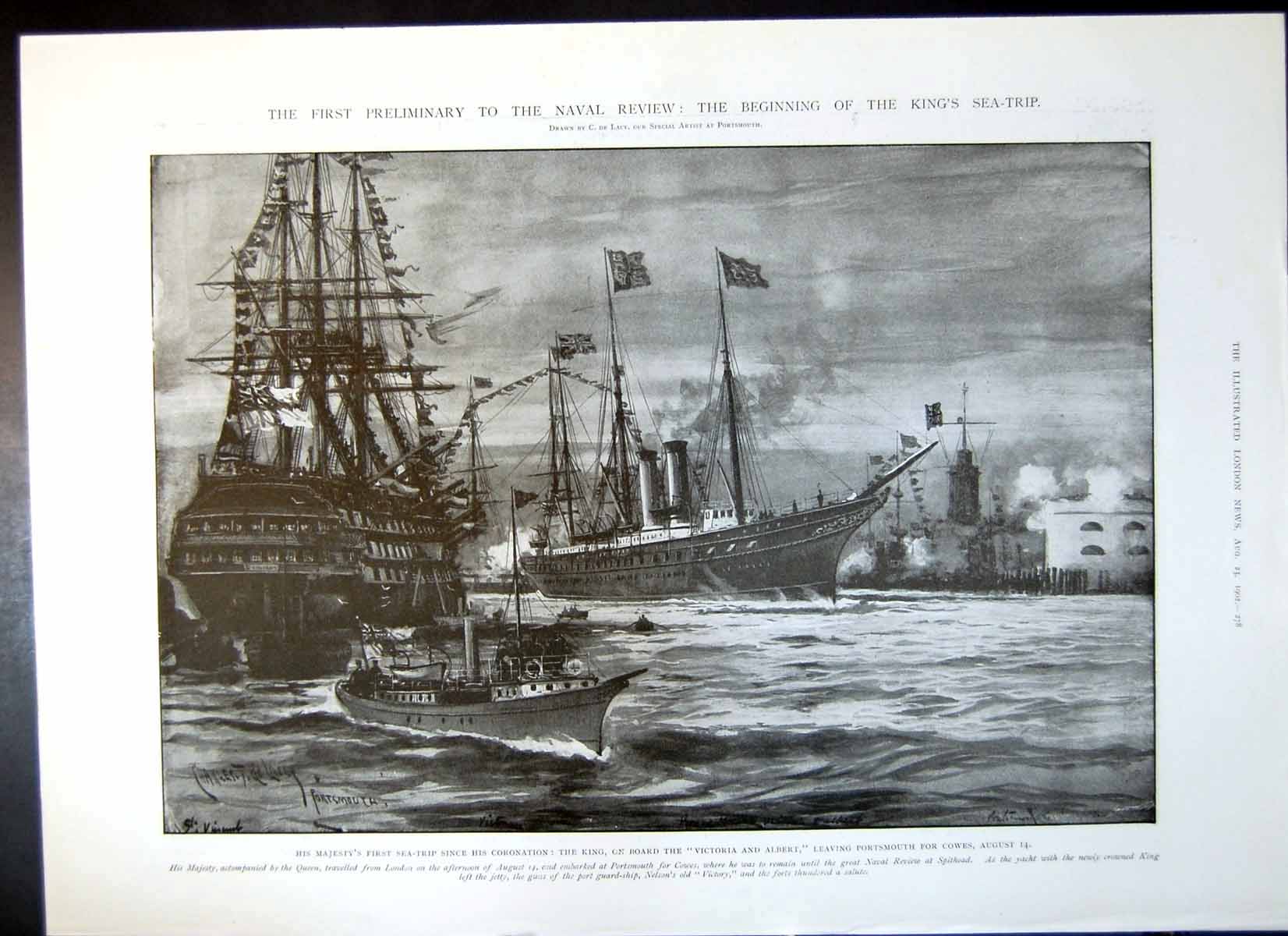Antique Old Print King On Board Victoria Albert Boer Leaders Southampton 1902