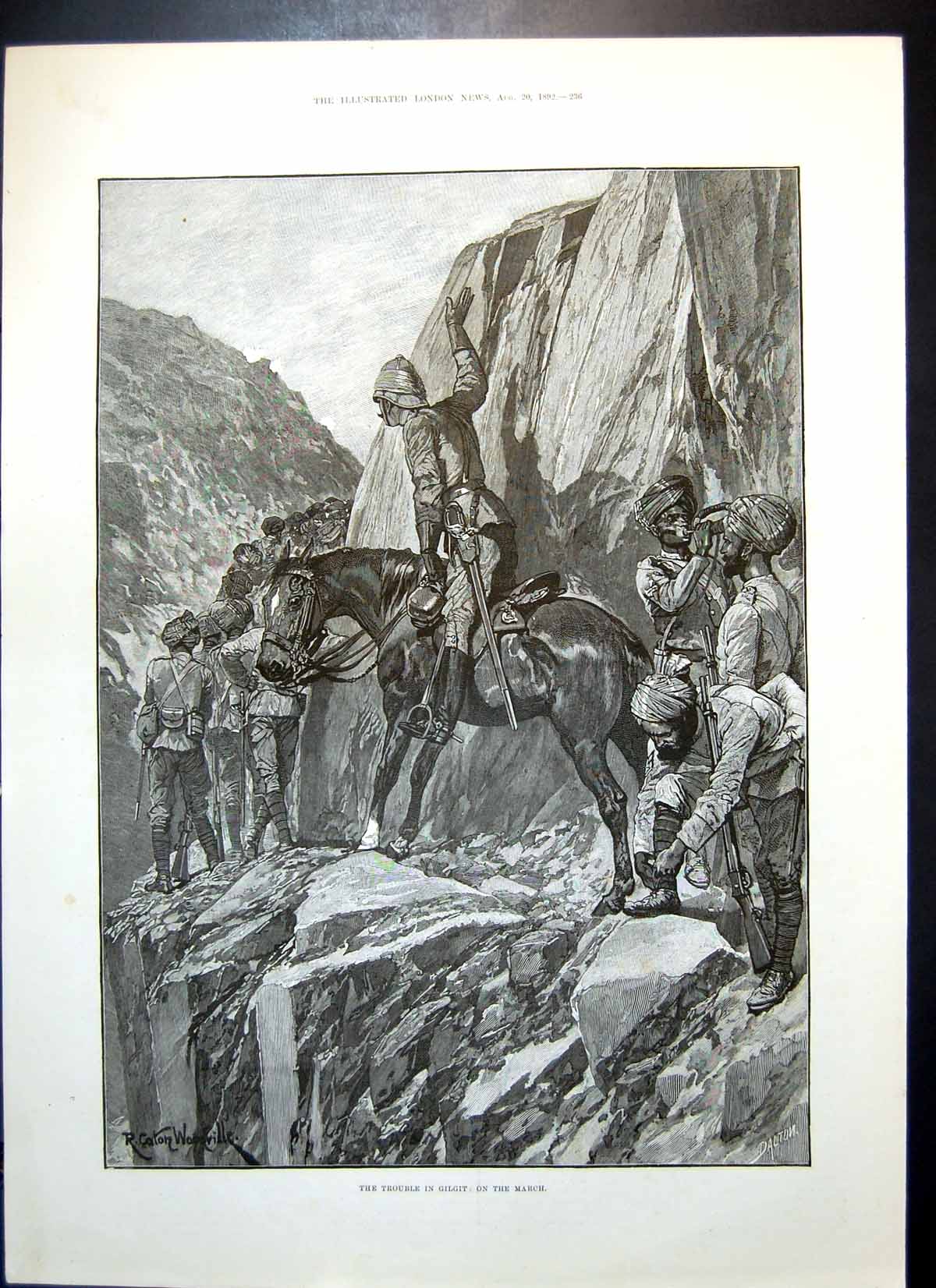 Original Old Antique Print Trouble Gilgit March Siers Horse Two Men Rifles 1892