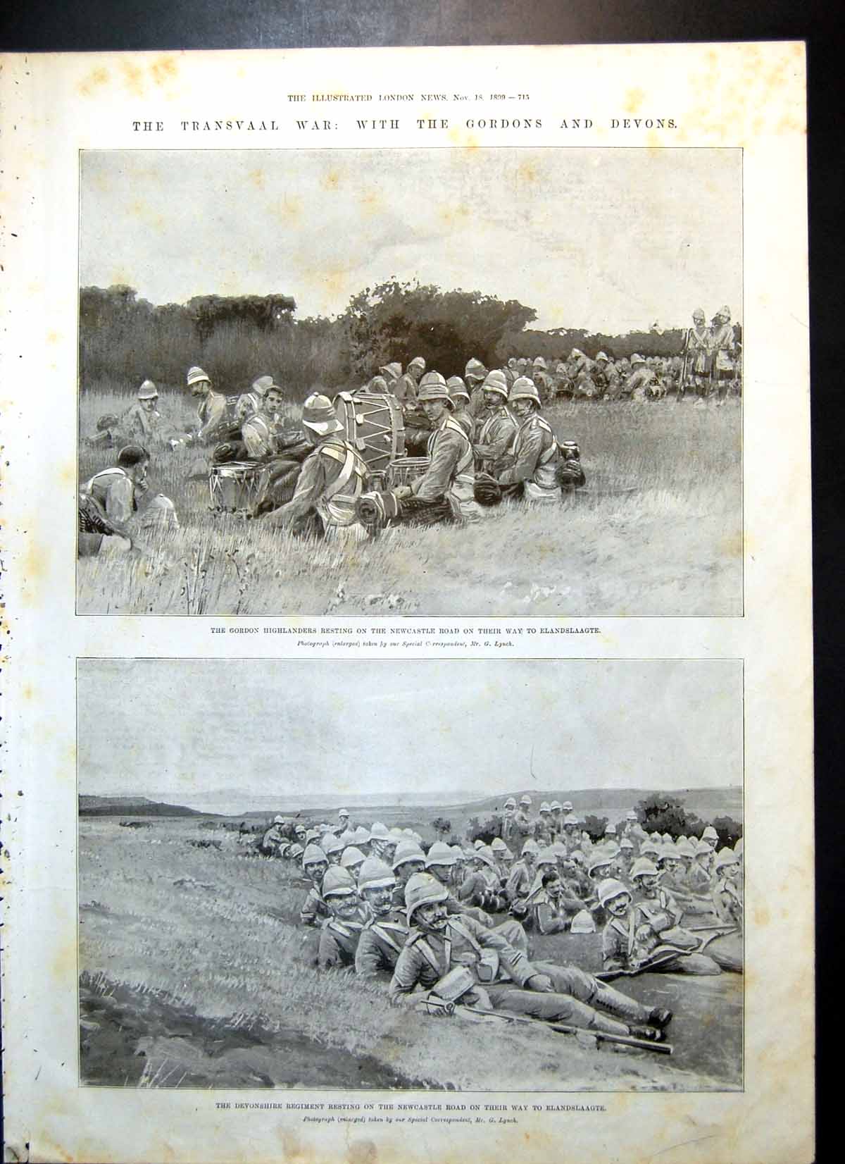 Antique Old Print Transvaal War Gordons Devons Battlefield Elandslaagte 1899