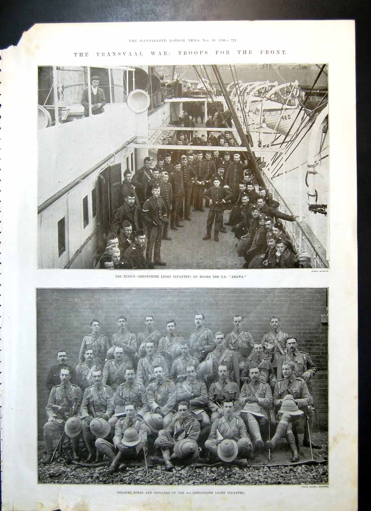 Old Print Transvaal War Shropshire Light Infantry Col Spens Ss Arawa 1899 19th