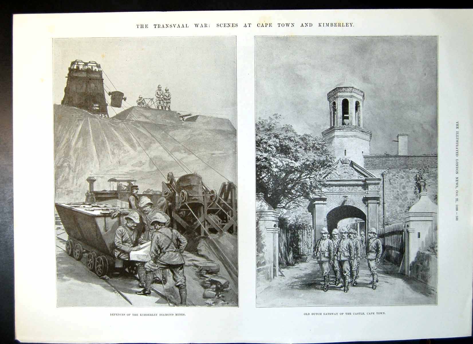 Antique Old Print Transvaal War Cape Town Castle Kimberley Diamond Mines 1899