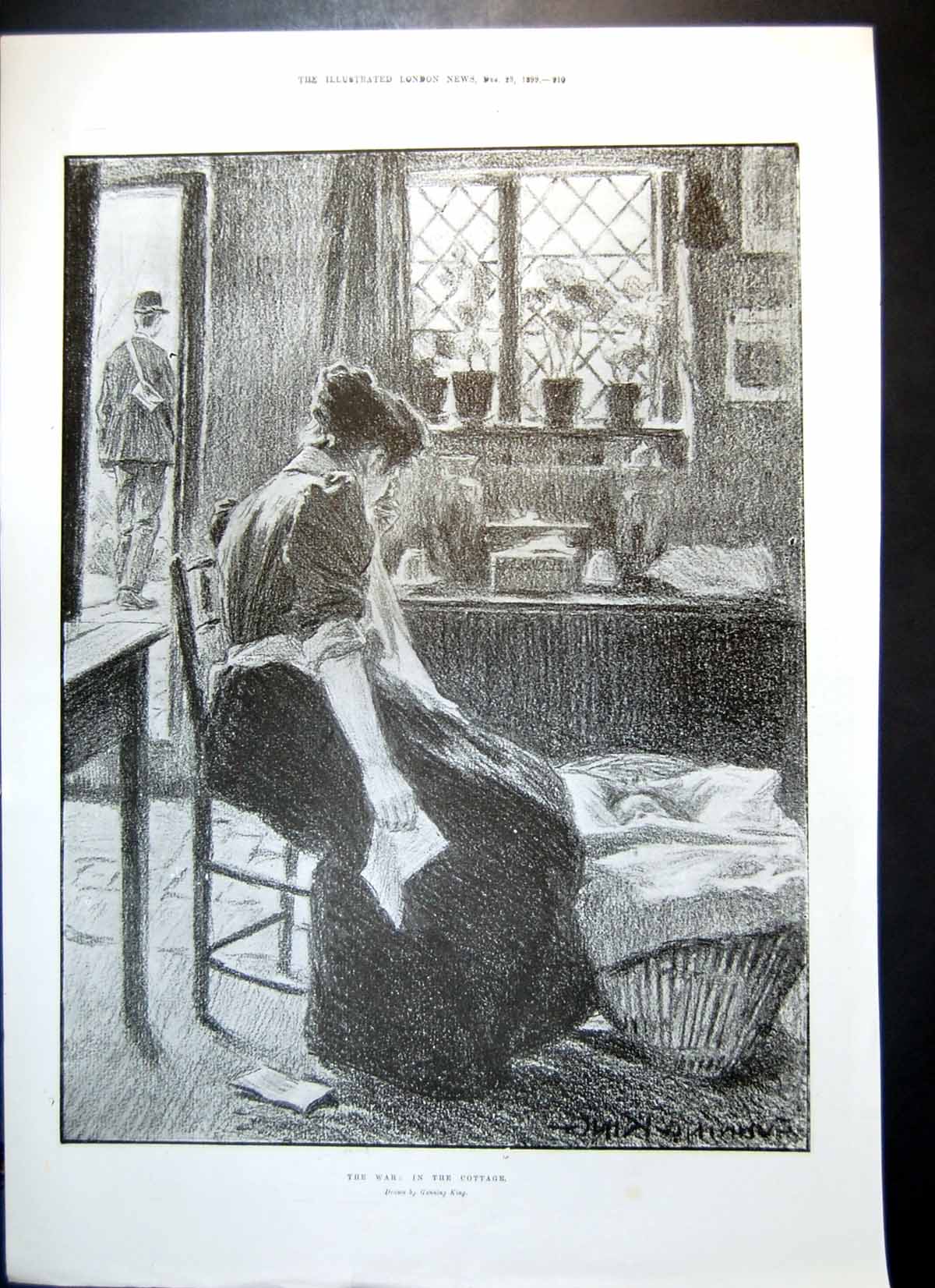 Old Antique Print War Cottage Black Watch Machine Gun Colours Guard 1899 19th