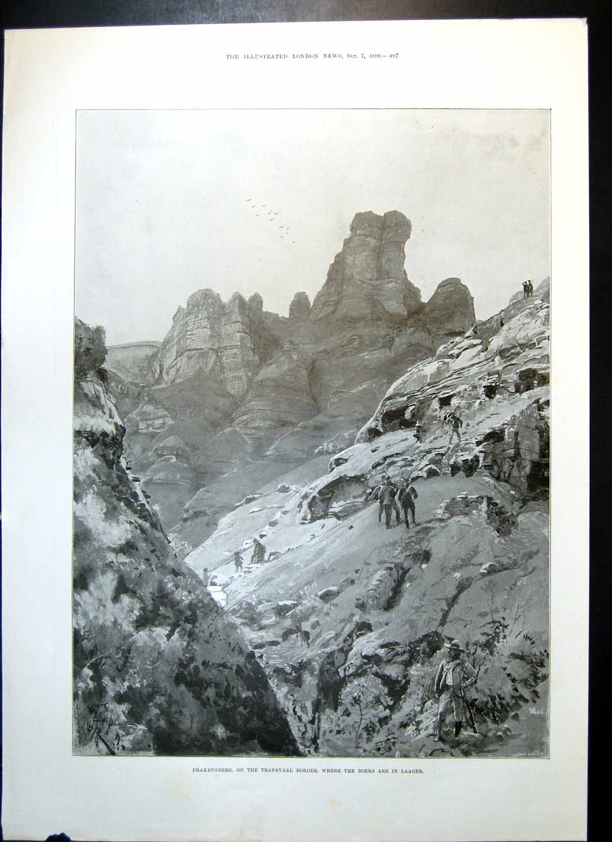 Antique Old Print Drakensberg Boers Laager Telegraph Corps Field Balloon 1899