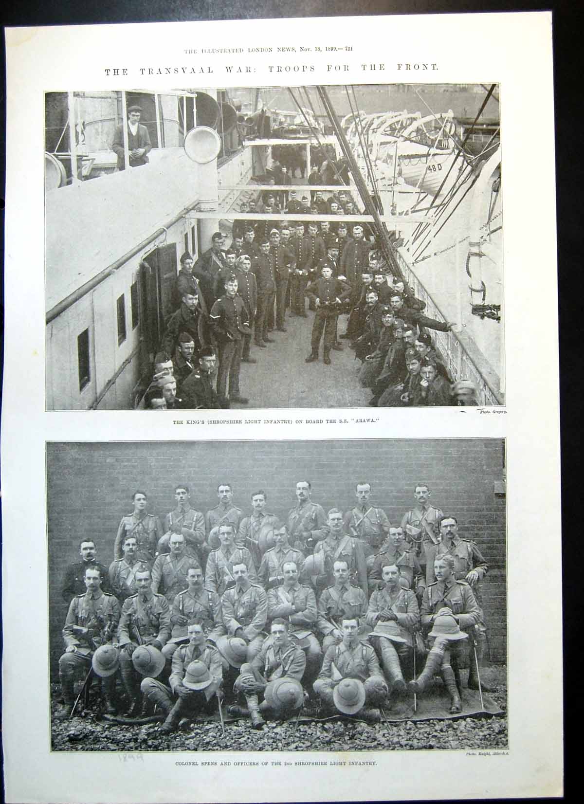 Old Print Shropshire Light Infantry Arawa Colonel Spens Boers Natal 1899 19th