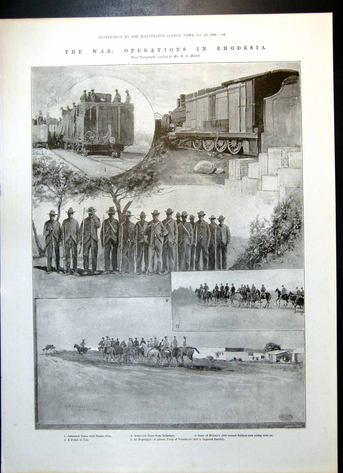 Antique Old Print War Rhodesia Armoured Train Bulawayo Maj Baden Powell 1900