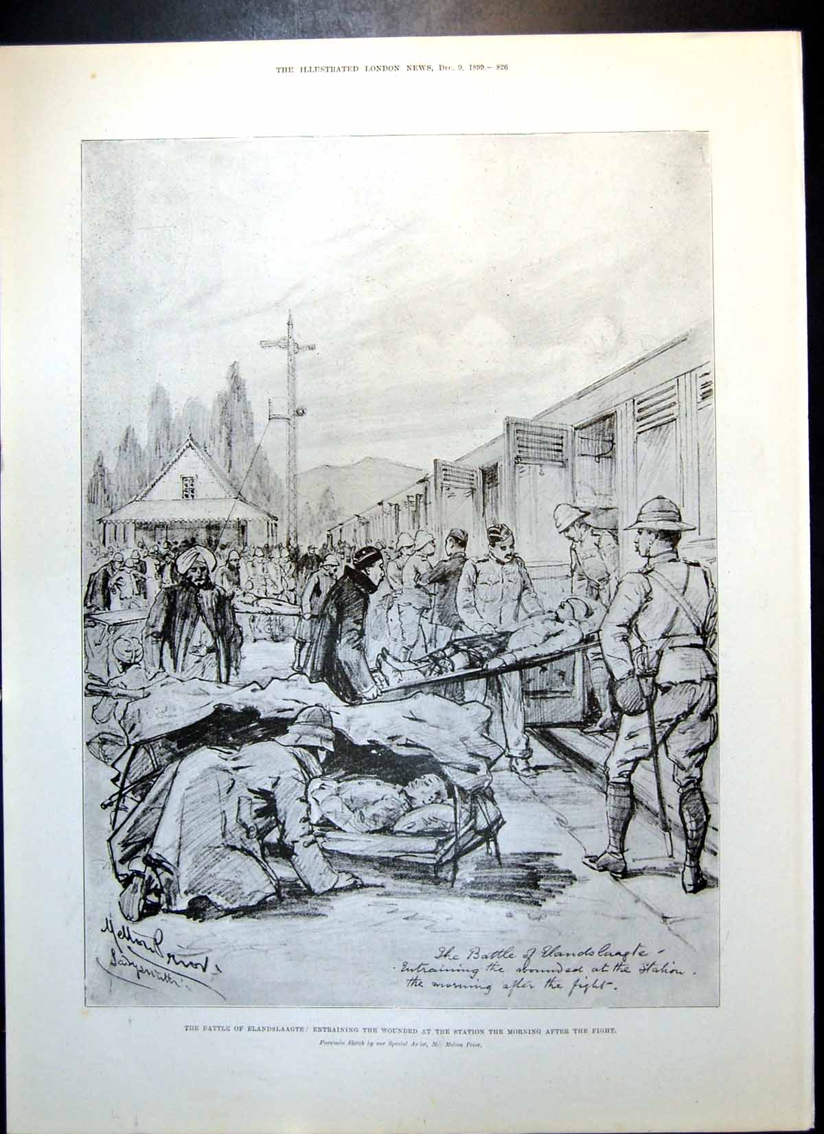 Antique Print Battle Elandslaagte Entraining Wounded Station Maj Robin 1899
