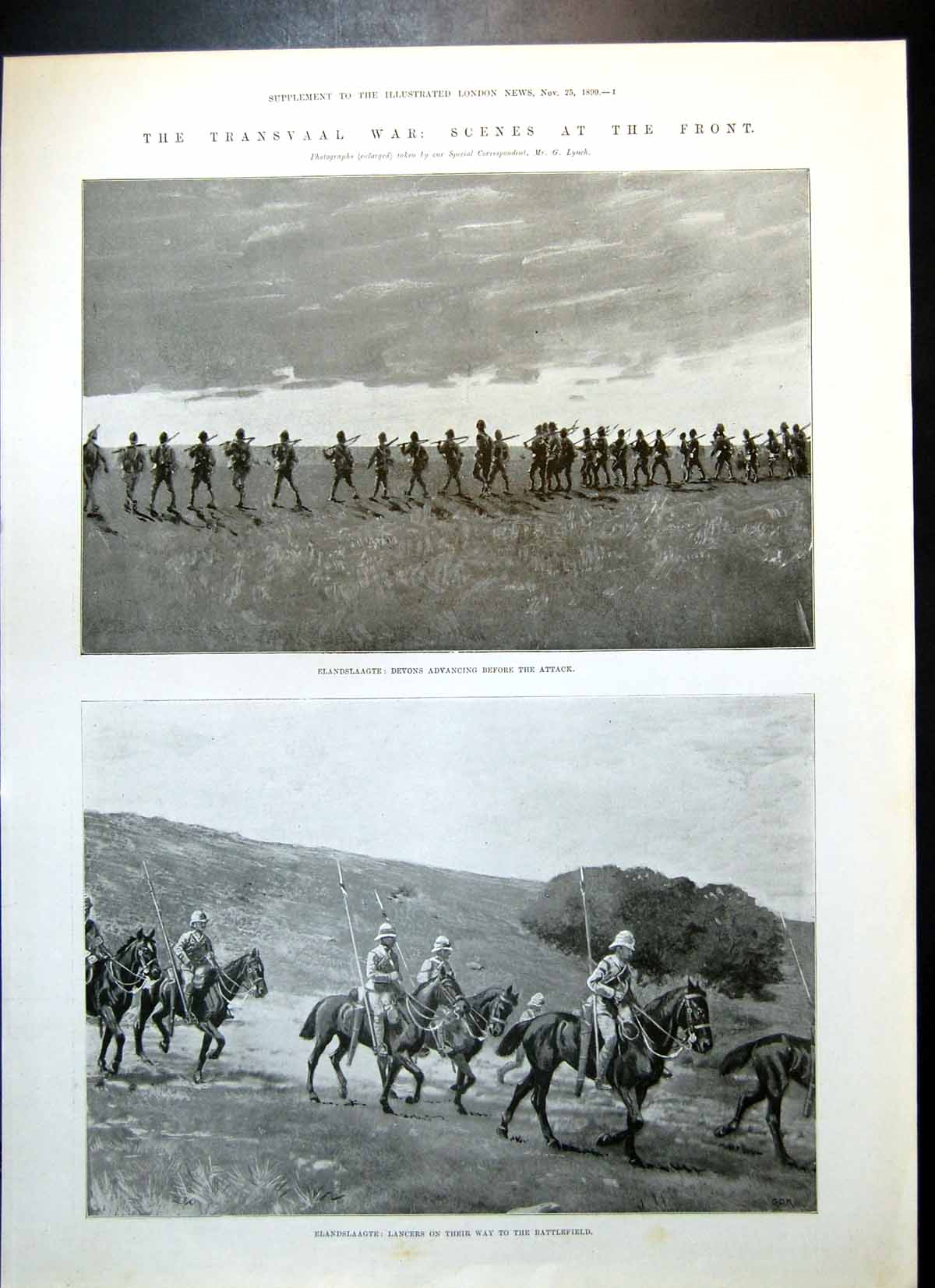 Antique Old Print Elandslaagte Devons Lancers Gen Yules Column Artillery 1899