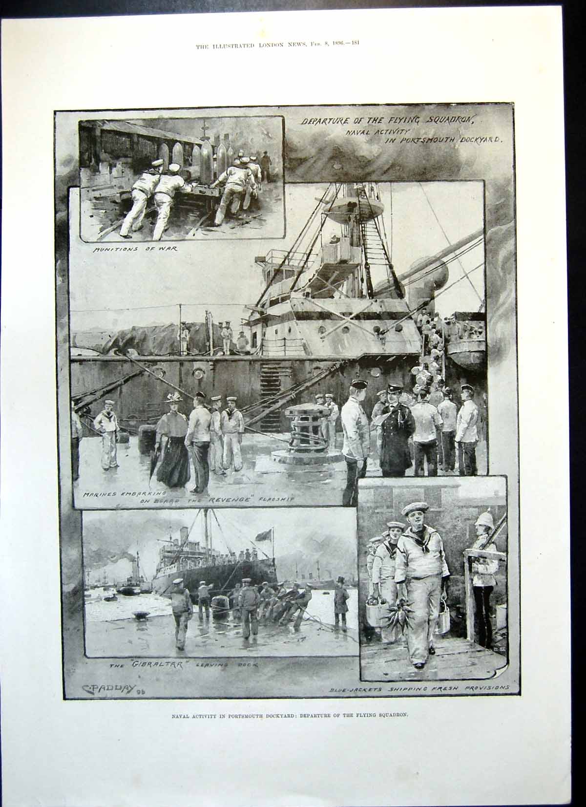 Antique Old Print Portsmouth Departure Flying Squadron Tea Jacket Lady 1896