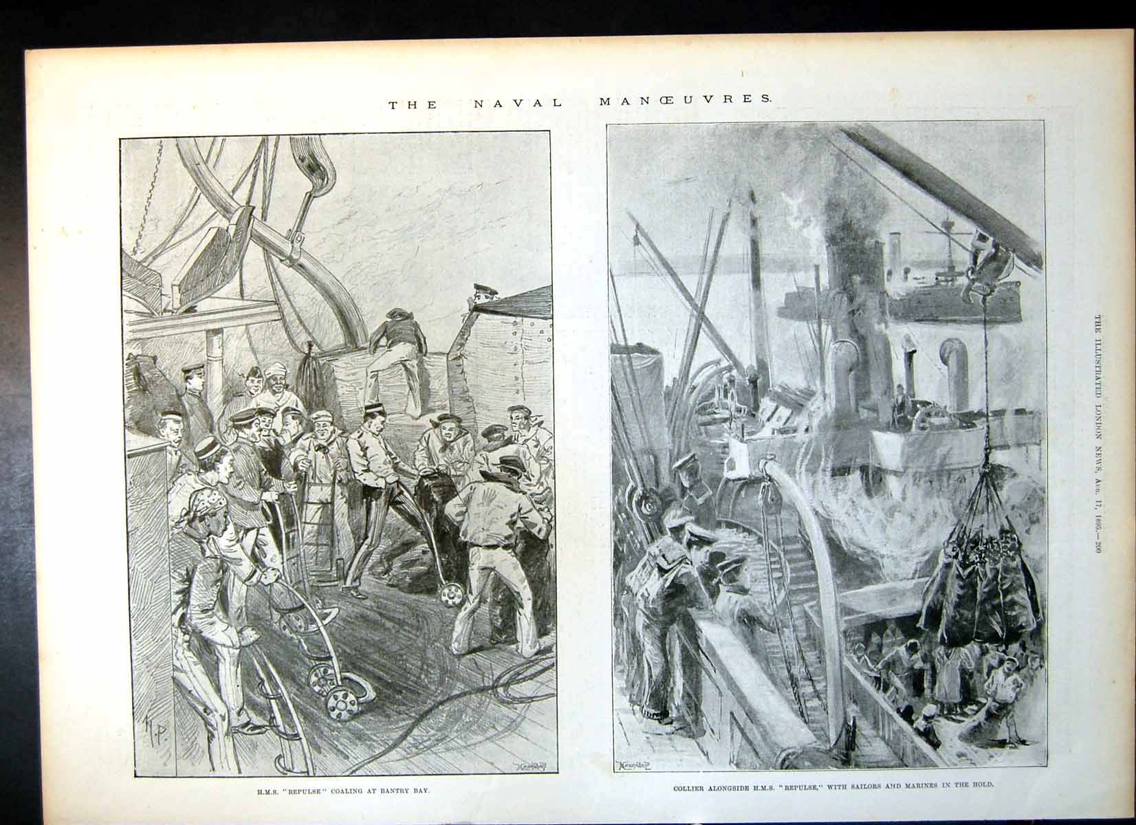 Old Print Hms Repulse Coaling Bantry Bay Essex Artillery Shoeburyness1895 19th