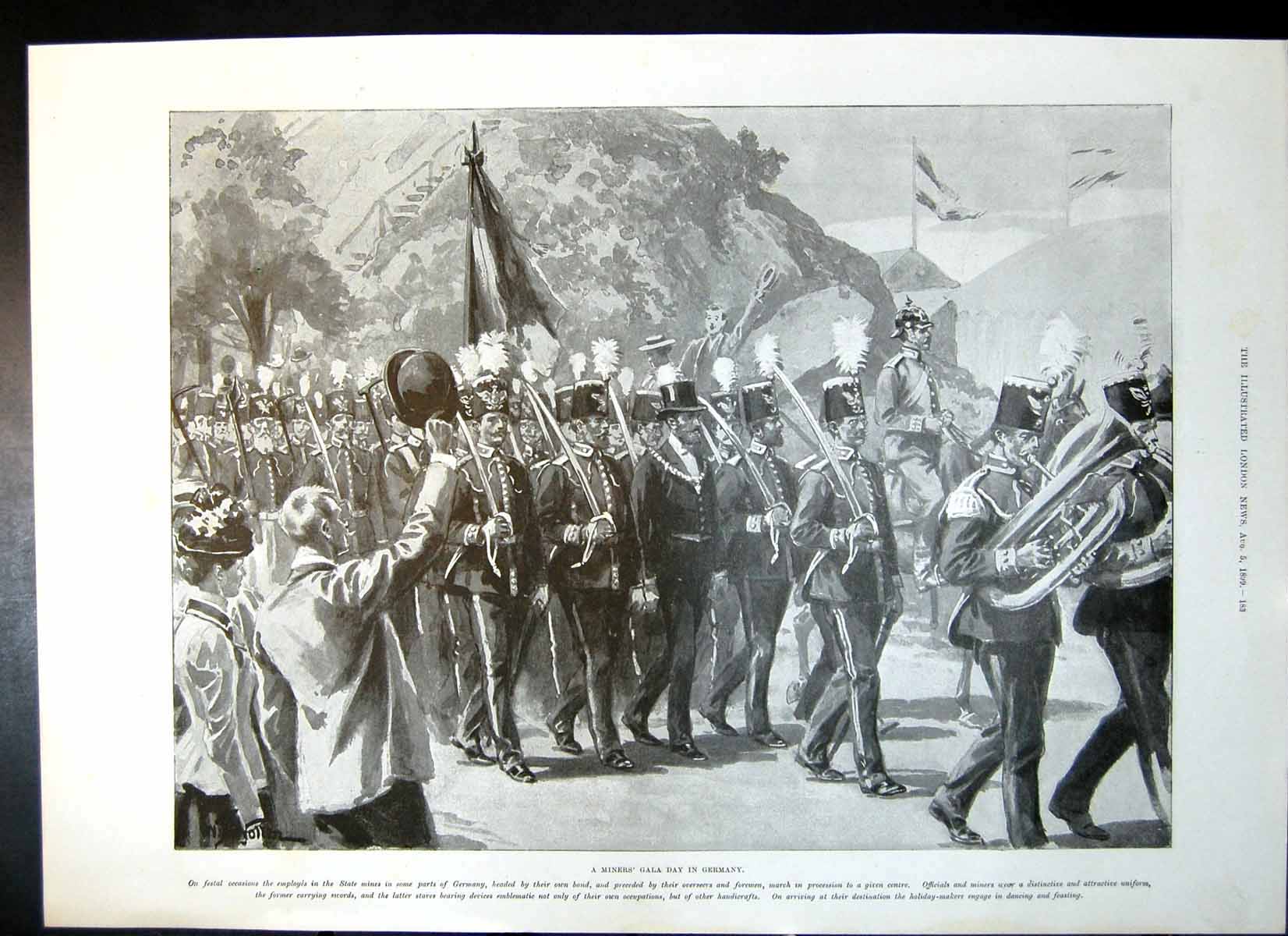Antique Old Print Miners Gala Day Germany Sketches Refractory Torpedo 1899 19th