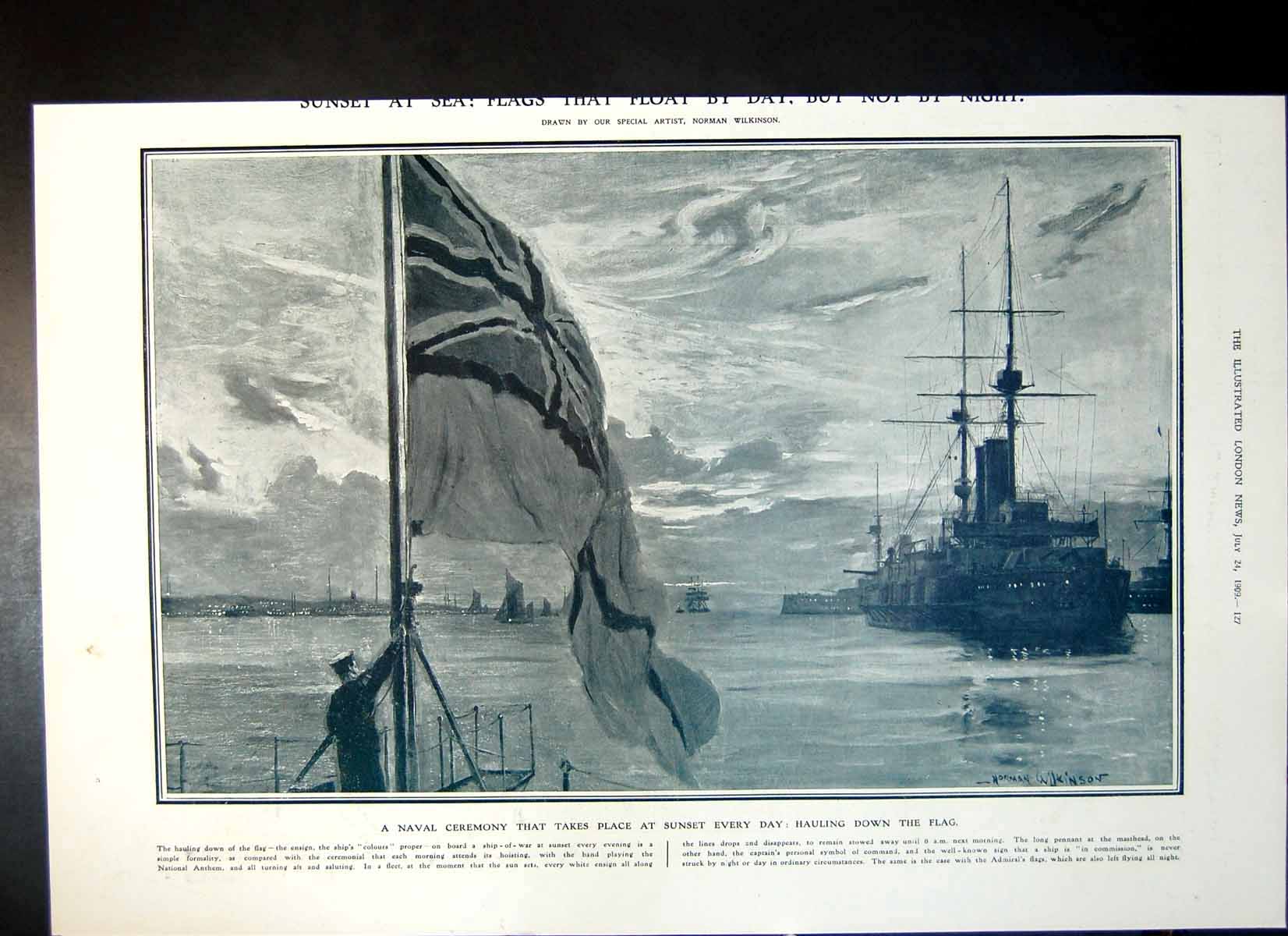 Antique Print Naval Ceremony Hauling Flag Britains War Vessels Thames 1909 20th