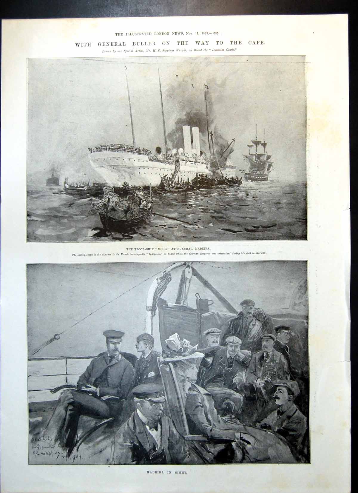 Old Antique Print Troop Ship Moor Funchal Madeira Mule Battery Boers 1899 19th