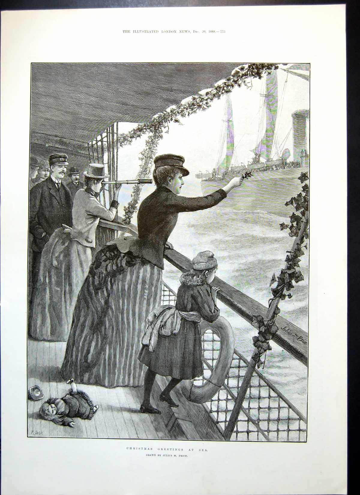 Old Antique Print Christmas Greetings Sea Newgate Prison Demolished 1888 19th