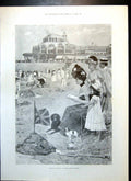 Original Old Antique Print August Sea Families Sands Ostend Whooper Swans 1900