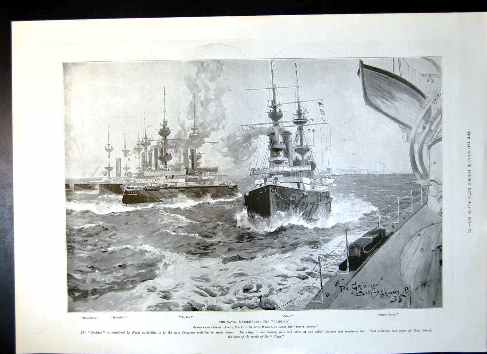 Antique Print Naval Manoeuvres Gridiron Col Ingersoll Bishop Limerick 1899 19th
