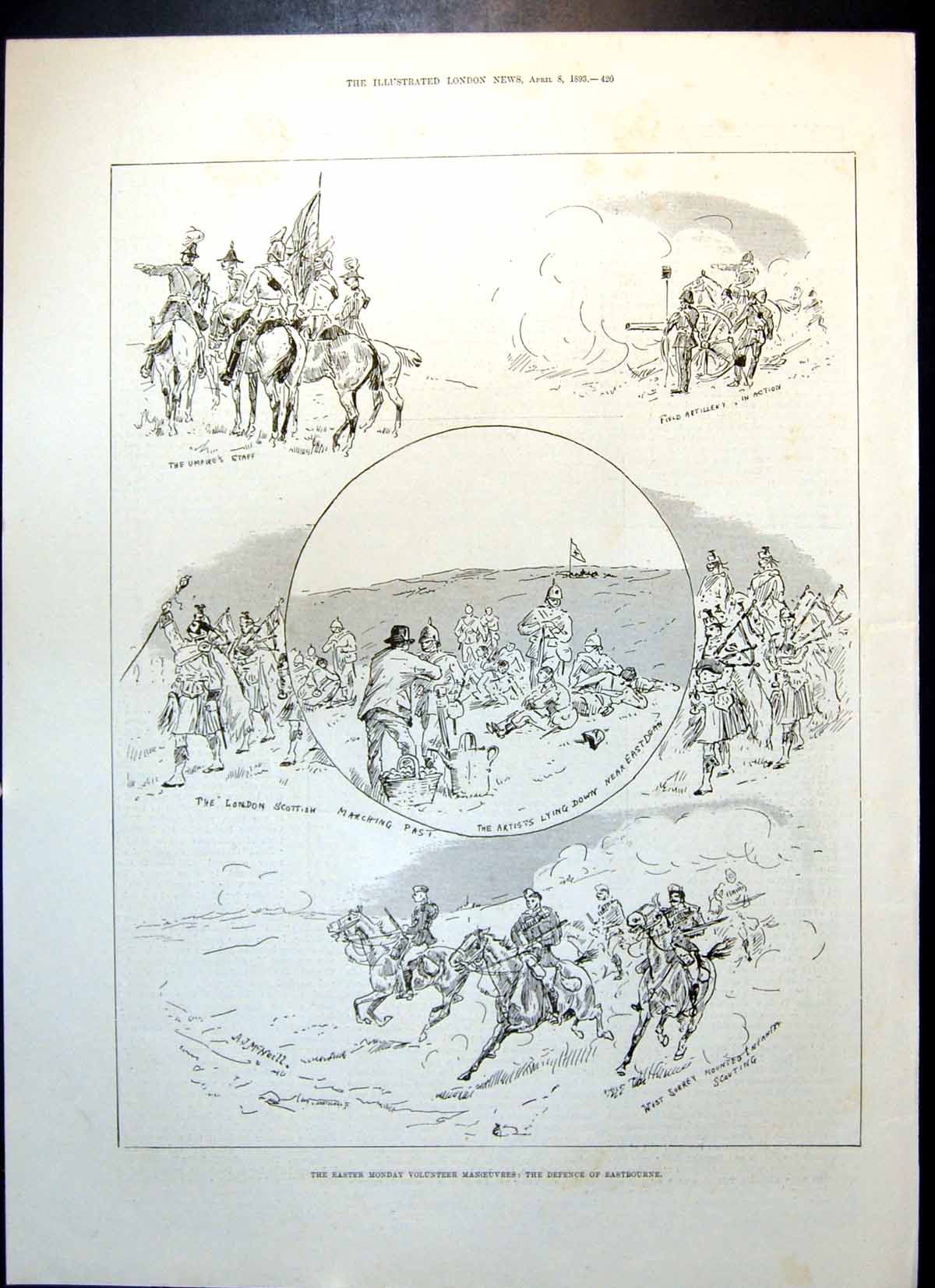 Antique Old Print Volunteer Manoeuvres Defence Eastbourne Bishop Norwich 1893
