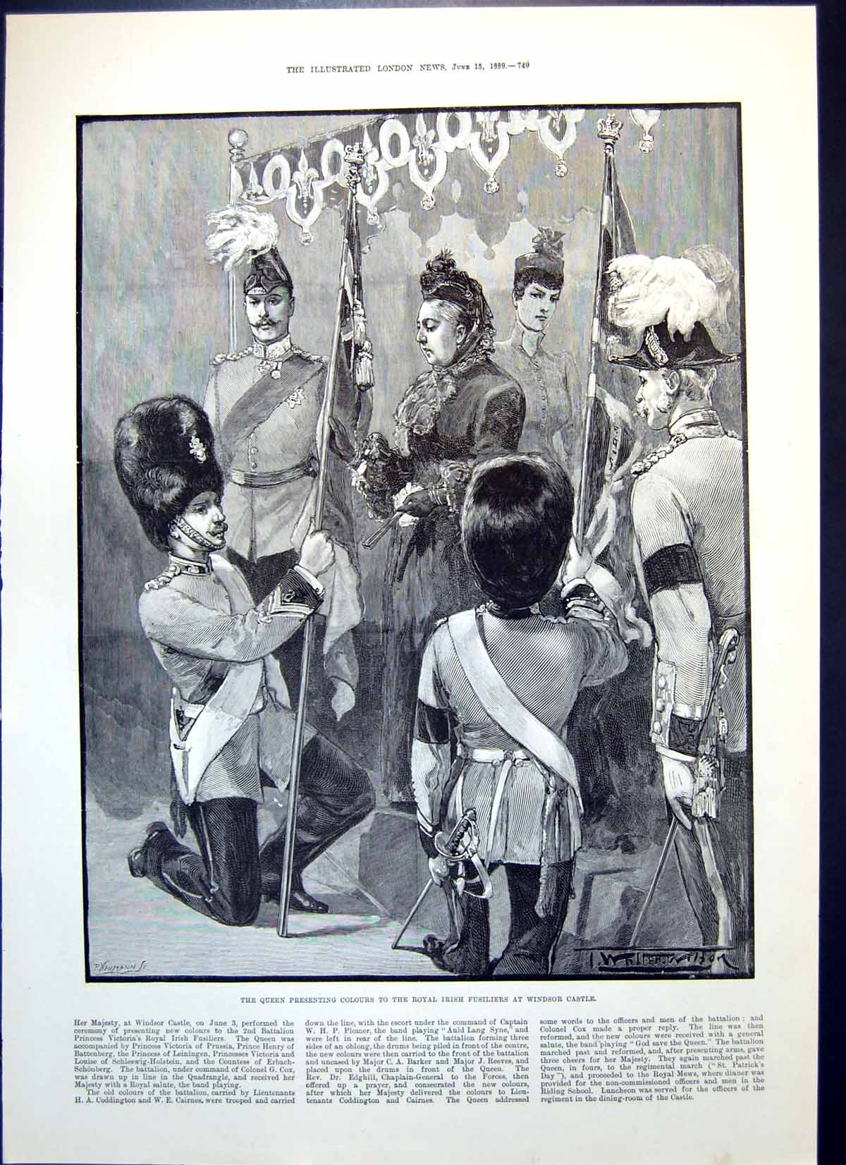 Antique Old Print Queen Colours Irish Fusiliers Windsor New Baths Bath 1889