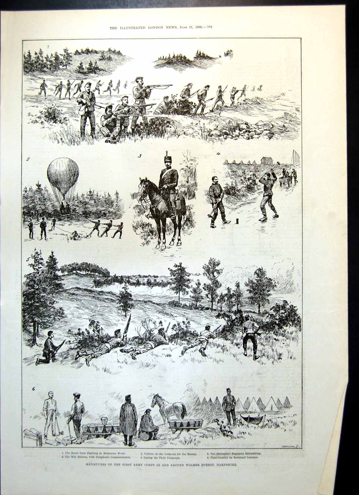 Original Old Antique Print Manoeuvres Army Corps Wolmer Forest Dowager Ely 1890