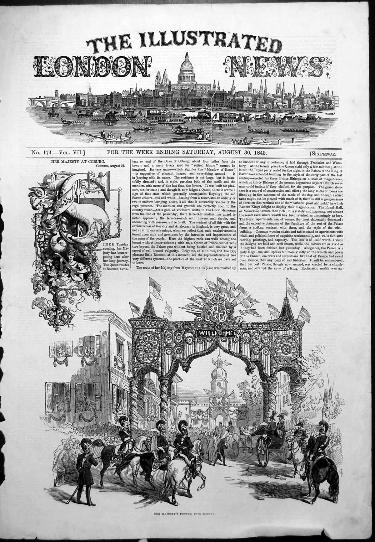 Antique Old Print Her Majesty Queen Entering Coburg Welcome Flags Crowds 1845